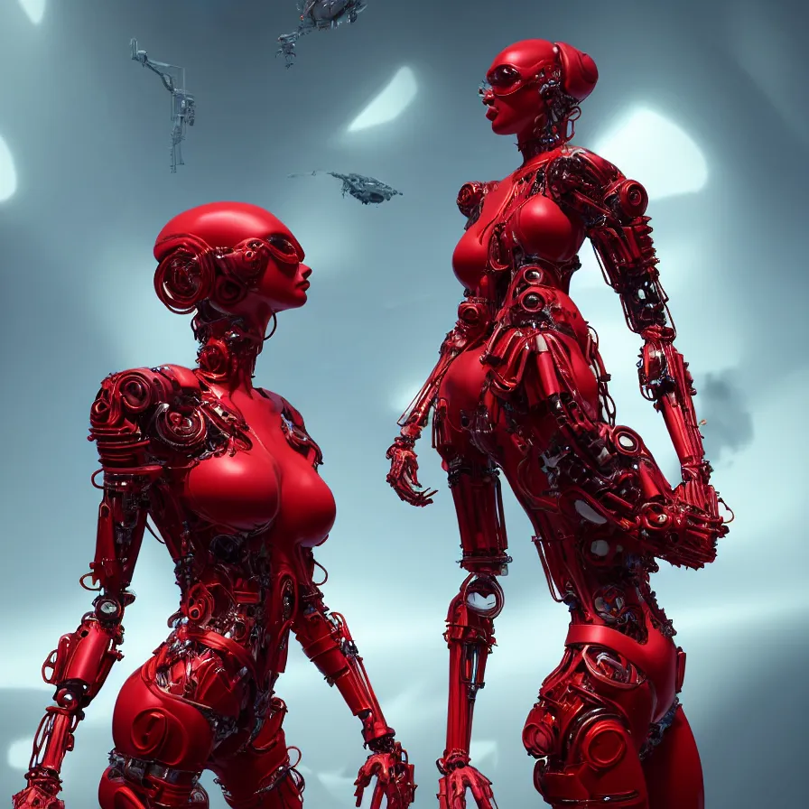 Prompt: portrait, super hero pose, woman red biomechanical dress, inflateble shapes, wearing epic bionic cyborg implants, masterpiece, intricate, biopunk futuristic wardrobe, highly detailed, art by akira, mike mignola, artstation, concept art, background galaxy, cyberpunk, octane render