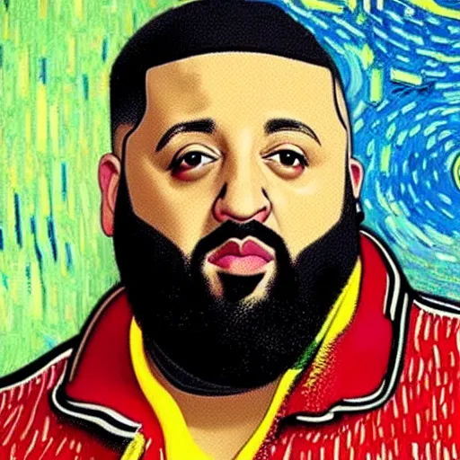 Image similar to ultra realistic portrait of dj khaled in a studio, ultra detailed, under blue, red and yellow cinematic lighting, by van gogh, cartoon