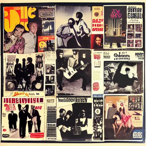 Image similar to vinyl LP cover for the 25th anniversary album from 'de portables' that is a cutout photo collage of pictures from 1960 music magazines