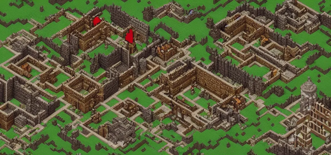 Prompt: isometric medieval game in the style of minecraft