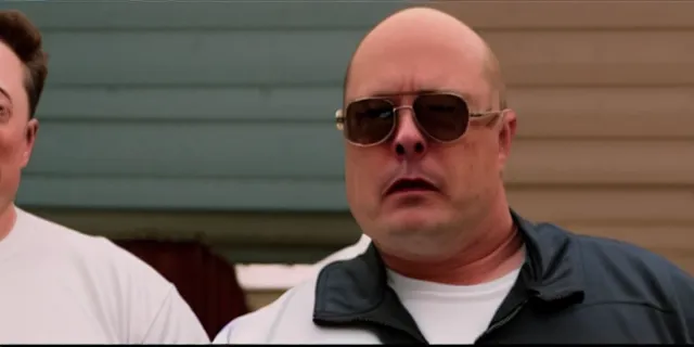 Image similar to scene with bald elon musk in a tracksuit in trailer park boys