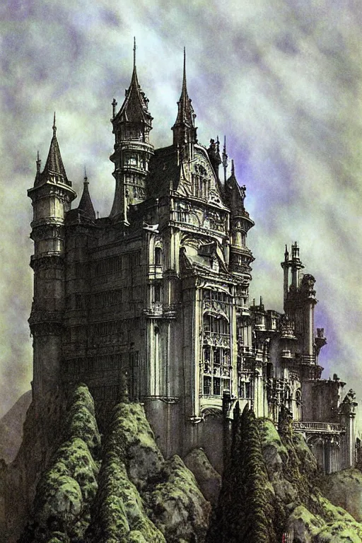 Image similar to majestic white gothic castle by Maxfield Parrish, Luis Royo