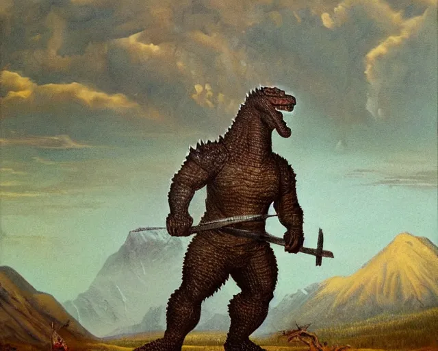 Prompt: ancient godzilla standing in front of altai forest with a sword, detailed oil painting in the style of middle ages