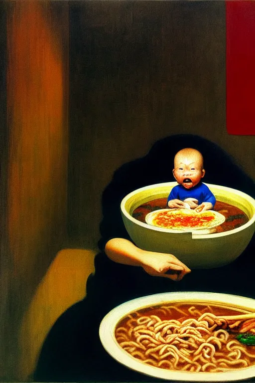 Image similar to evil human giant baby eating a huge bowl of ramen in new york city, traditional chinese restaurant, hauntingly surreal, highly detailed painting by francis bacon, edward hopper, adrian ghenie, gerhard richter, and james jean soft light 4 k,