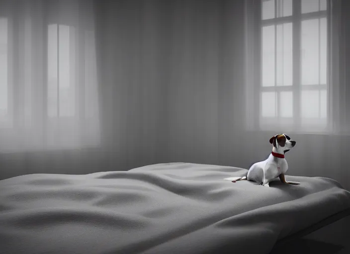 Image similar to photography of a Jack Russel watching outside the window on a bed in a 3d rendered white room, octane render, 3d, foggy, volumetric light, volumetric fog, photorealistic, unreal engine 5