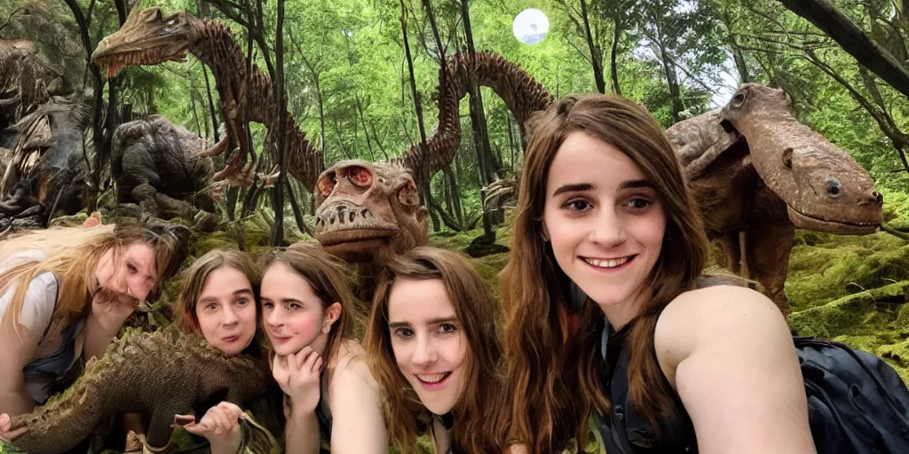 Prompt: photo, three hairy fat cave people, emma!! watson!!, looking at camera, surrounded by dinosaurs!, gigantic forest trees, sitting on rocks, bright moon, birthday cake on the ground, front close - up view of her face, selfie