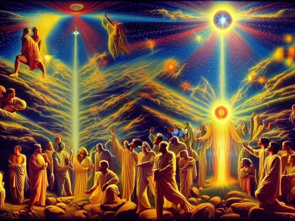 Image similar to a beautiful scenery of humanity evolving into god like beings, spiritual science, divinity, utopian, by david a. hardy, wpa, public works mural, socialist