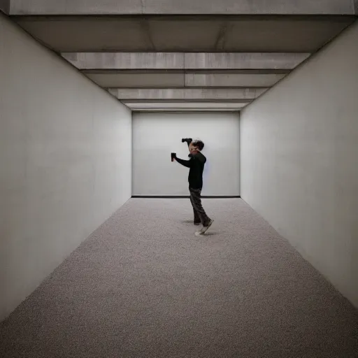 Prompt: a man taking a selfie in a minimalistic concrete room, standing on the edge of a rectangular pond in the center of the room surrounded by upholstered sofas, a tilt shift photo by leandro erlich, featured on cg society, kitsch movement, hall of mirrors, high dynamic range, studio portrait
