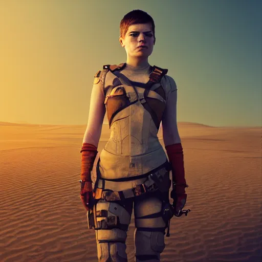 Image similar to Emma Stone as Furiosa by Ilya Kushvikov, symmetrical face concept art, octane render unreal engine meta humans, trending on artstation, desert, main colors orange, yellow, red and white