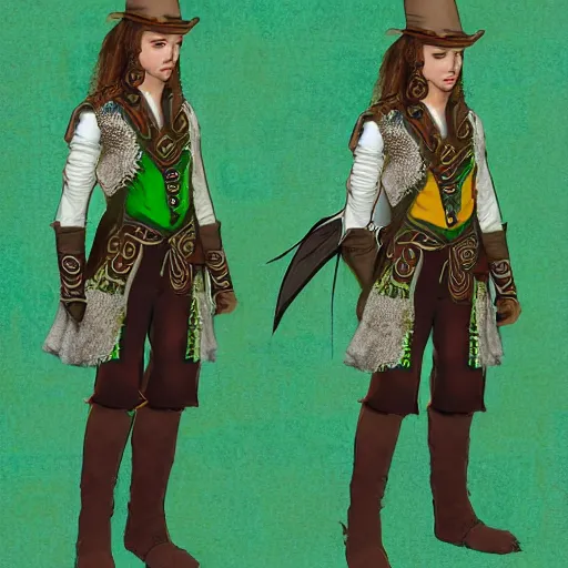 Image similar to western fantasy bard style costume design, green tone