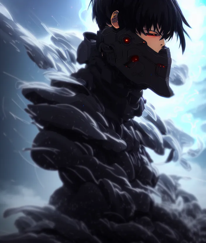 Image similar to a detailed manga illustration character full body portrait of a dark haired cyborg anime man shrouded in clouds of dark smoke and fire, trending on artstation, digital art, 4 k resolution, detailed, high quality, sharp focus, hq artwork, insane detail, concept art, character concept, character illustration, full body illustration, cinematic, dramatic lighting