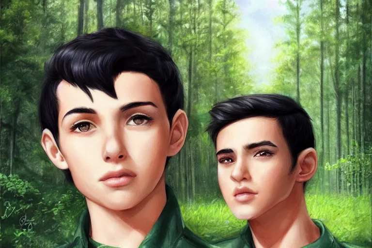 Image similar to a young boy with black hair and green eyes and a highway were standing in a forest by artgerm.