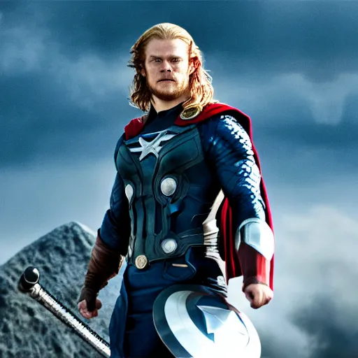 Image similar to Sam heughan as Thor, captain america and Superman epic cinematic shoot hd