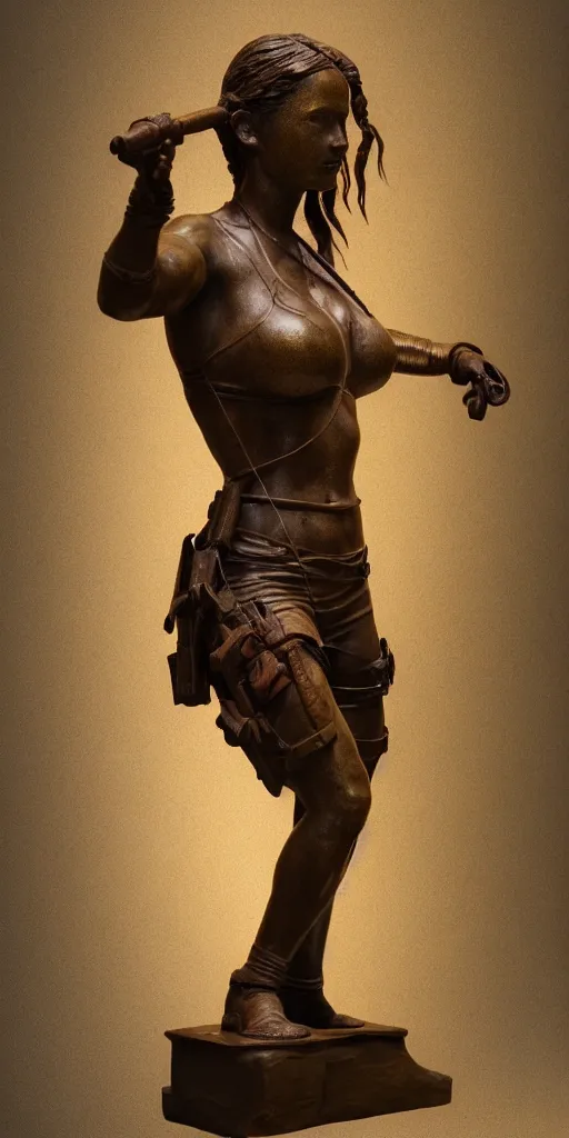 Image similar to detailed photo of an old bronze patina statue of a beautiful lara croft posing for a portrait, intricate detail, museum diffuse lighting