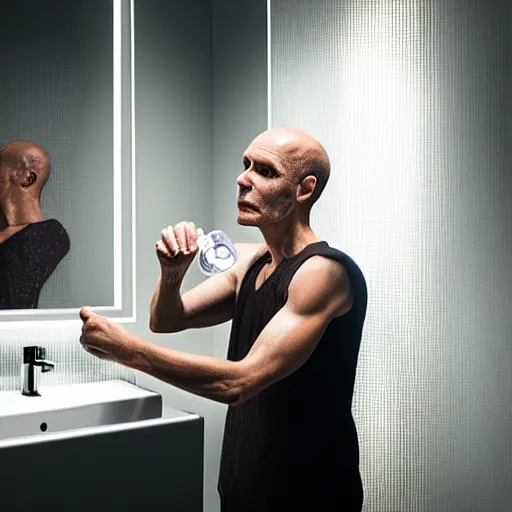 Image similar to vecna doing his daily skincare routine in a fancy bathroom, realistic photo, 4 k, uhd, mirror