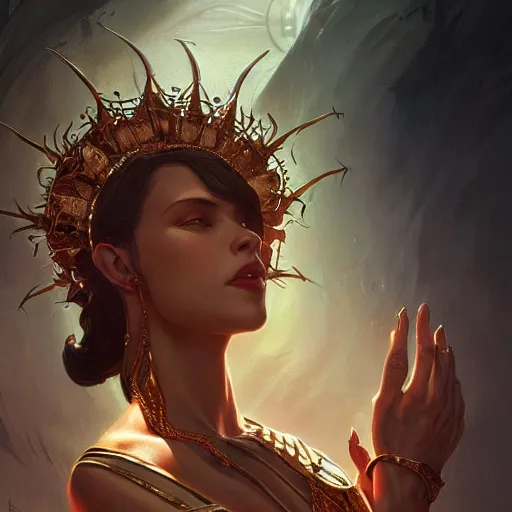 Image similar to portrait of a sinister Goddess seen from the perspective of an ant, intricate, highly detailed, digital painting, artstation, concept art, smooth, sharp focus, illustration, Unreal Engine 5, 8K, art by artgerm and greg rutkowski and alphonse mucha