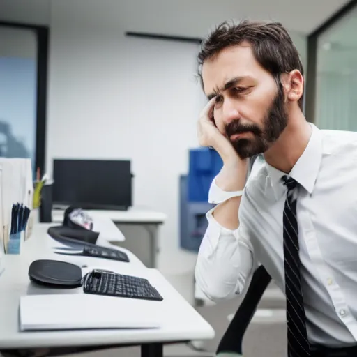 Prompt: the hottest day on record, office worker really struggling, 4 k photo