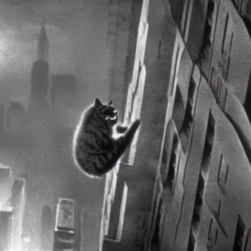 Image similar to A still of a cat climbing the Empire State Building in King Kong (1933)