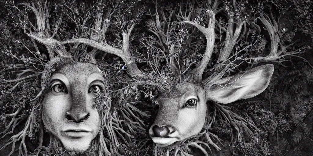 Image similar to portrait of deer head transforming into root monster, edelweiss growing on his head, forest, dolomites, alpine, detailed intricate insanely detailed octane render, 8k artistic 1920s photography, photorealistic, black and white, chiaroscuro, hd, by David Cronenberg, Raphael, Caravaggio