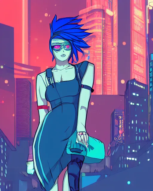 Image similar to cel shaded art of a pretty blue haired girl wearing a dress, cyberpunk city street background