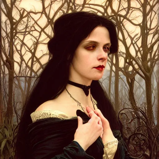 Image similar to portrait of a lady vampire, 35mm, victorian, depth of field, DOF, ominous, sharp, highly detailed, photorealistic, realistic, unreal 5, high definition, 8k, deviantart, donato giancola, irwin penn, ((Alphonse Mucha))
