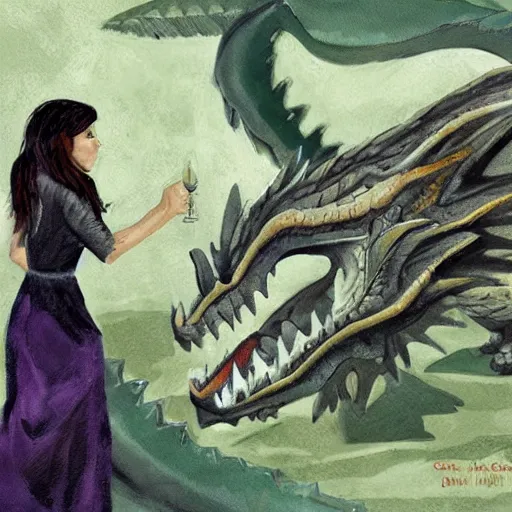 Prompt: woman is talking to a large dragon, art by Chris Achilleos ,