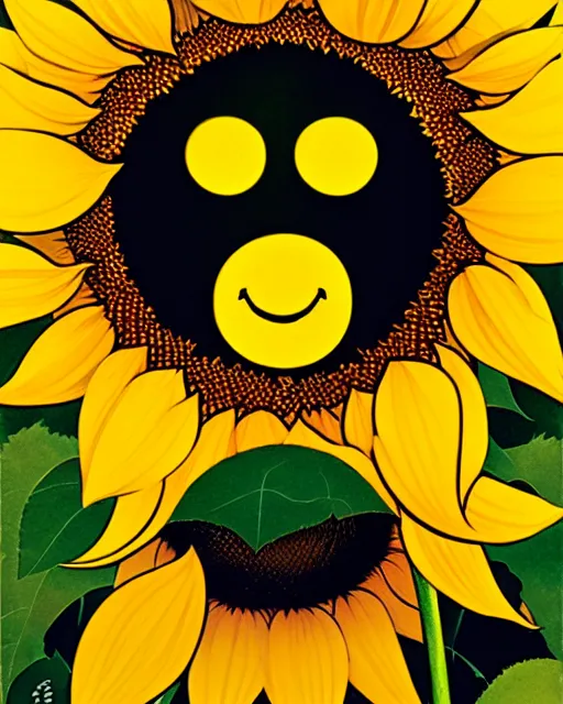 Prompt: sunflower with a smiley face central, by koson ohara, by darwyn cooke, by greg rutkowski, by satoshi kon