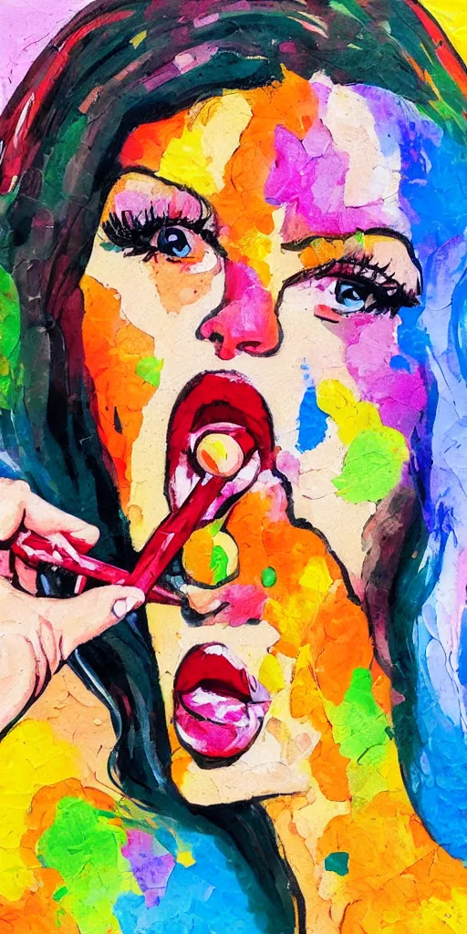 Image similar to portrait of beautiful woman licking a lollipop painted with colorful gouache impasto