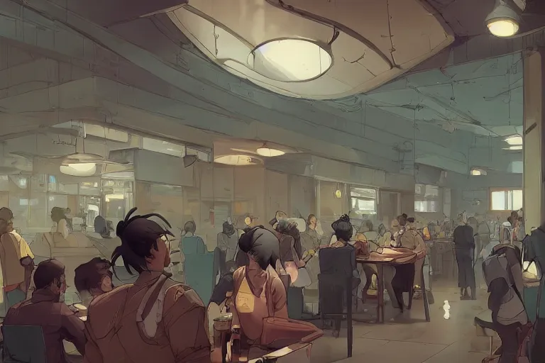 Prompt: a worried person in a crowded busy dystopian cafeteria interior behance hd artstation by jesper ejsing, by rhads, makoto shinkai and lois van baarle, ilya kuvshinov, ossdraws, that looks like it is from borderlands and by feng zhu and loish and laurie greasley, victo ngai, andreas rocha