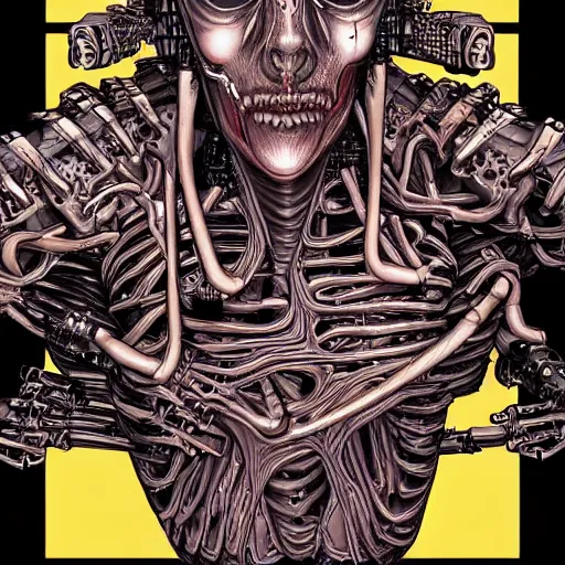 Image similar to horrific cyberpunk robot human cyborg, flesh and bones exposed, junji ito style manga drawing, highly detailed