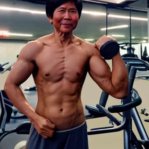 Image similar to A very muscular and lean BongBong Marcos flexing in the gym