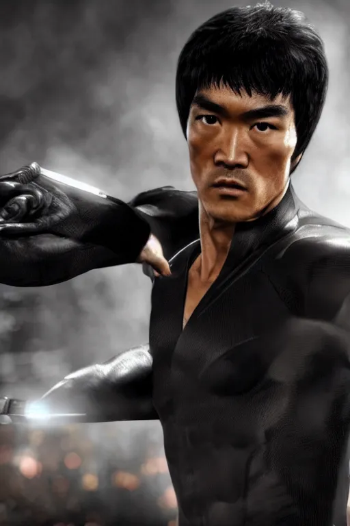 Image similar to A still of Bruce Lee as Bruce Wayne in The Batman 2022, red high-end suit, close-up, sigma male, rule of thirds, award winning photo, unreal engine, studio lighting, highly detailed features, Gotham setting