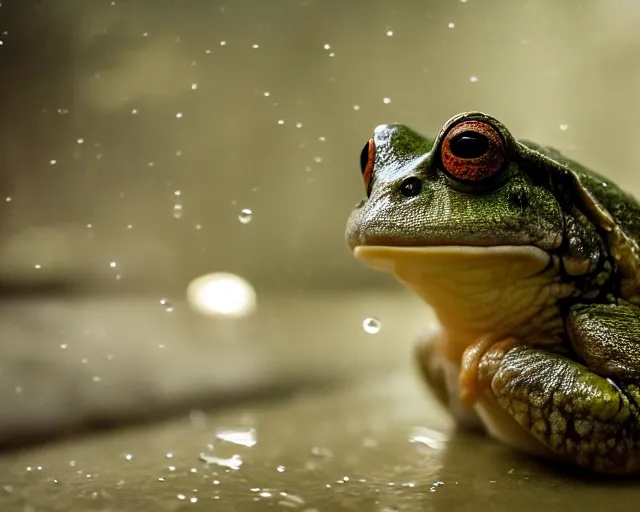 Prompt: Close up of a Budgett's frog smiling and looking at the camera in a still from the movie Blade Runner (1982), high quality, rain, rain drops, cold lighting, 4k, night, award wining photo