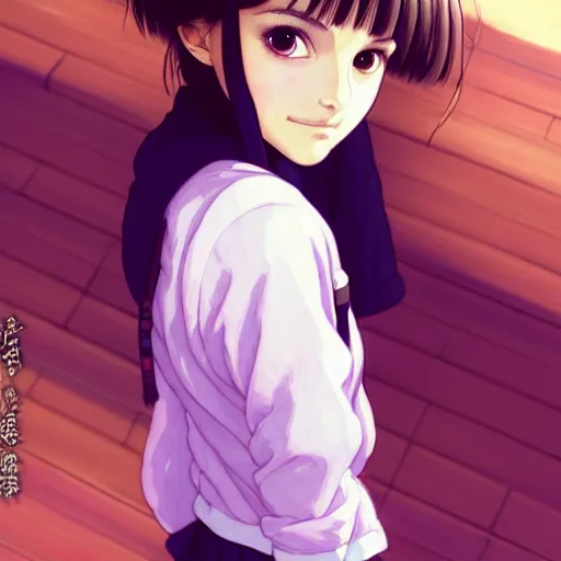 Image similar to a beautiful! boyish! natalie portman alluring gravure! model, wearing japanese school girl outfit with mayan pattern and native style, aztec street fashion, gapmoe yandere grimdark, trending on pixiv fanbox, painted by greg rutkowski makoto shinkai takashi takeuchi studio ghibli, akihiko yoshida