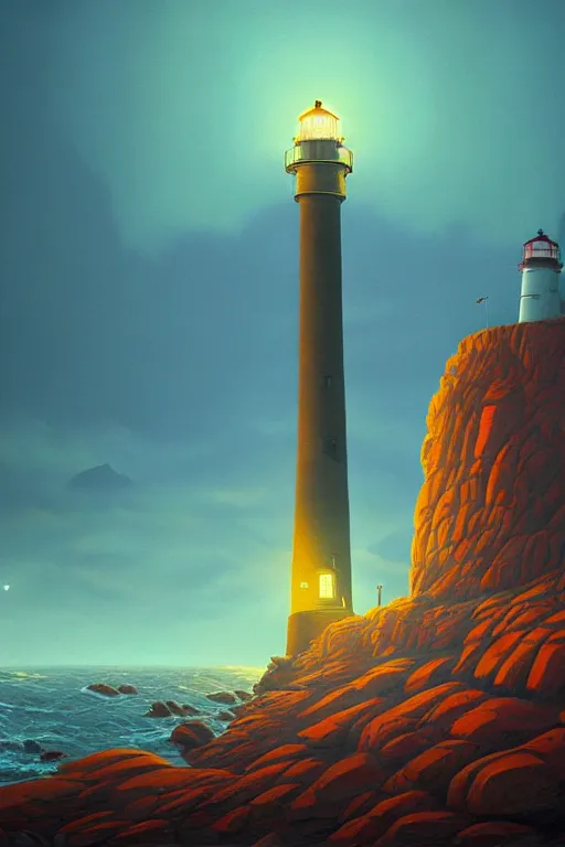 Image similar to a lighthouse on a rock in a redwood solar punk vision ; oil on canvas by klaus burgle and simon stalenhag ; ultra - realistic 3 d depth shading