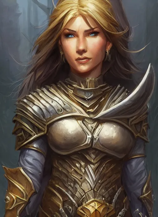 Prompt: female paladin, ultra detailed fantasy, dndbeyond, bright, colourful, realistic, dnd character portrait, full body, pathfinder, pinterest, art by ralph horsley, dnd, rpg, lotr game design fanart by concept art, behance hd, artstation, deviantart, hdr render in unreal engine 5