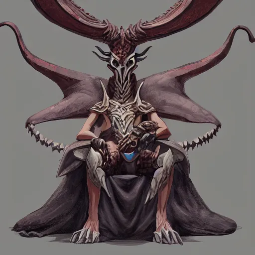 Prompt: concept art painting of a dragonlike anthropomorphic humanoid creature with a long dragon neck and horned skull mask, sitting on a throne, realistic, detailed, cel shaded, in the style of makoto shinkai and greg rutkowski and studio ghibli and moebius