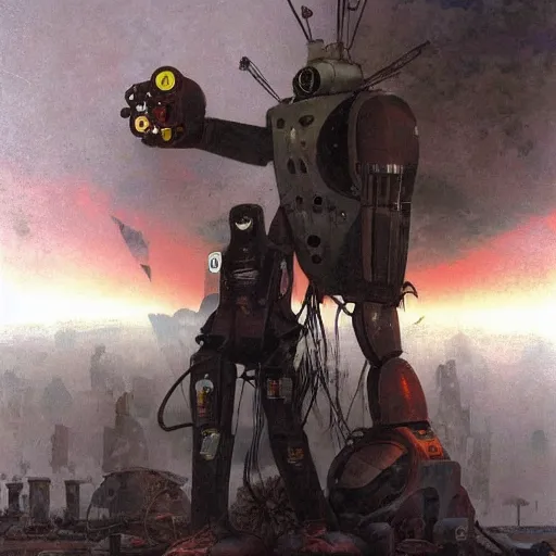 Prompt: barry wyatt and anthony beks and robots in morning misty misty japanese post - apocalyptic post - apocalyptic sci - fi painting by gerald brom trending on artstation my head got chopped off and replaced with iceberg
