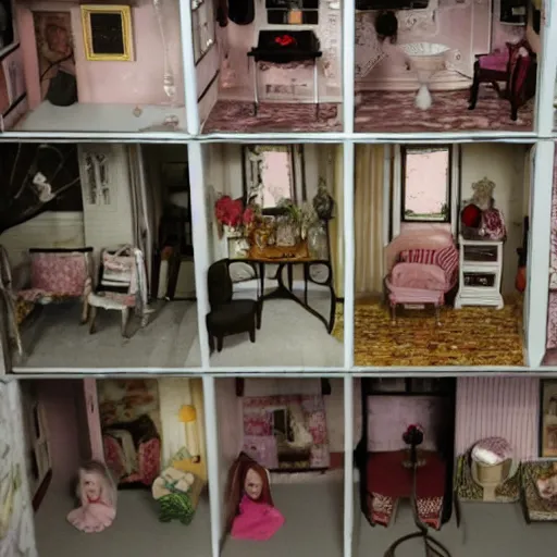 Prompt: liminal space of a doll house, found footage, backrooms, spooky