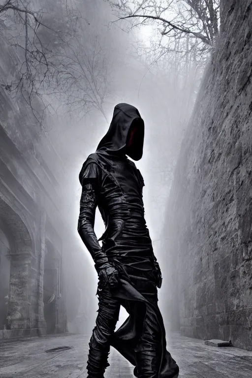 Image similar to avant garde techwear look and clothes, we can see them from feet to head, highly detailed and intricate, hypermaximalist, dystopian castle background, eerie fog, luxury, Rick Owens, Errolson Hugh, Yohji Yamamoto, Chrome Hearts, cinematic outfit photo