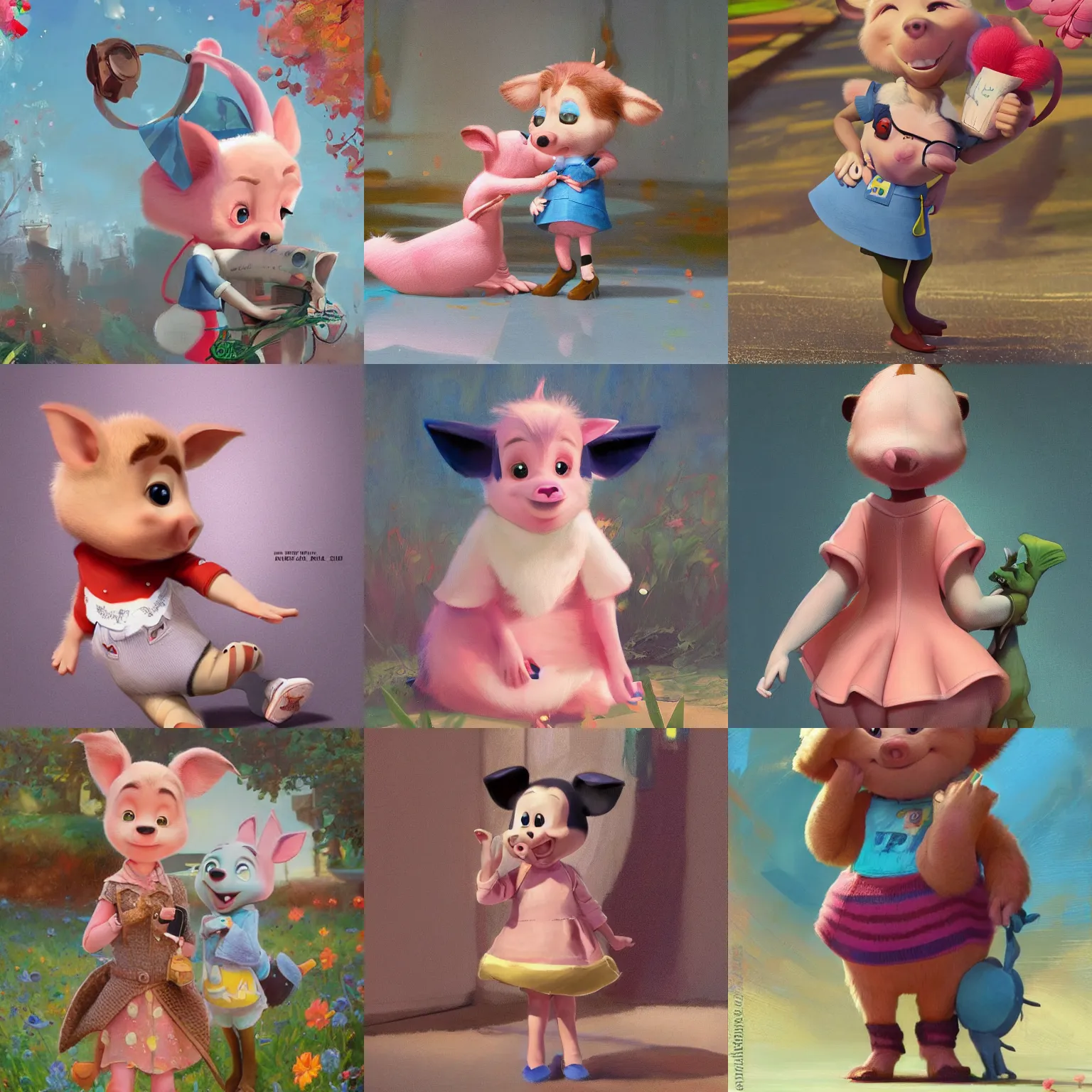 Prompt: promotional art, very very very cute disney pixar piglet character wearing a cute outfit, iconic film character, concept art, 3 d render official art, promotional art, by ilya kuvshinov katsuhiro villeneuve, jeremy lipkin and michael garmash and rob rey, disney pixar zootopia