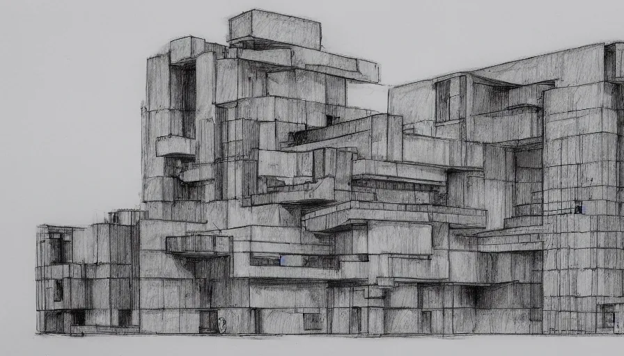 Image similar to big brutalist villain base, drawing architecture