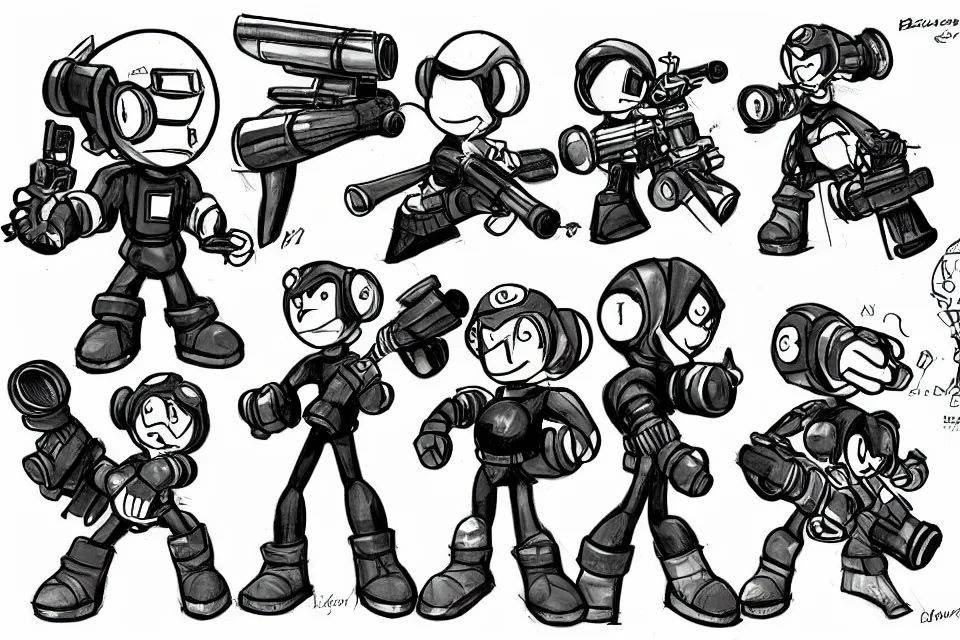 Prompt: concept sketches of supersoaker bazookas by jamie hewlett, in the style of megaman