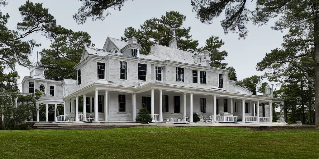 Image similar to grey brick wooden cape cod with pine trees and tile white black mansion by mcalpine house, by jackson & leroy architects