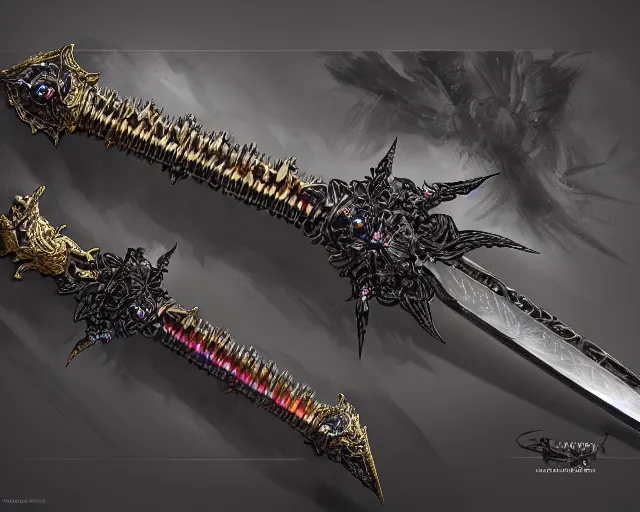 Prompt: legendary sword, digital award winning hd matte painting, intimate dark moody, intricate, long sharp black and iridescent blade, ornate spikes, colorful hilt, detailed realistic, raytraced blade, colored gems, golden pommel, in the style of greg rutkowski and krenz cushart, trending on artstation and deviantart