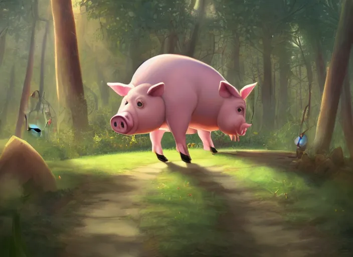 Prompt: a cartoonish cute anthropomorphic pig is riding a bicycle in a mystical forest full of wonders, magical atmosphere, trending on artstation, 30mm, by Noah Bradley trending on ArtStation, deviantart, high detail, stylized portrait H 704