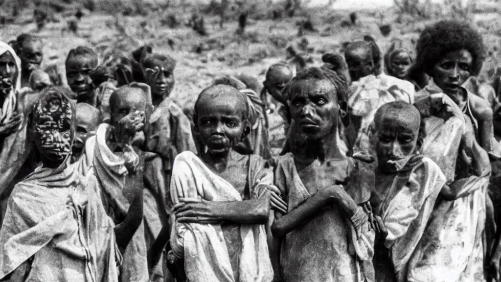 Prompt: 1 9 8 4 ethiopian famine and drought, dark, moody, a news report by bbc, 8 k