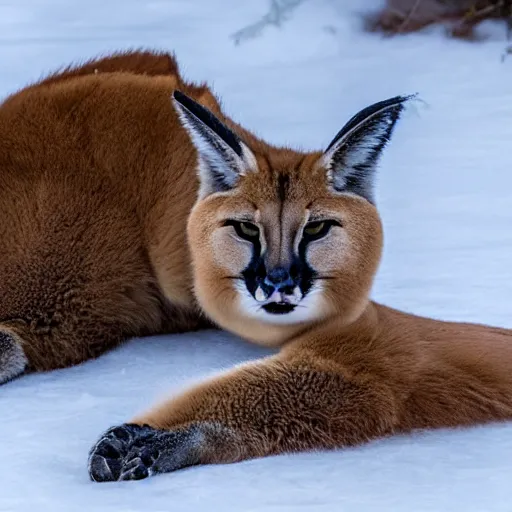 Image similar to photo still of drunk sleepy fat chubby caracal, lying on ice, big stomach, fullbody, sunny winter day