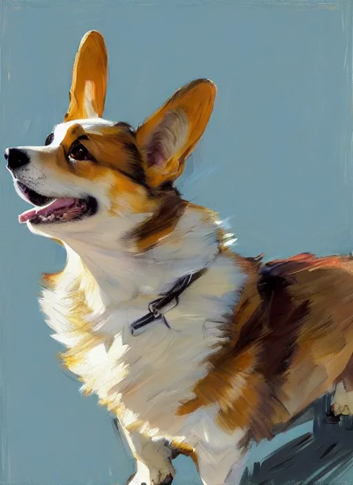 Image similar to Greg Manchess painting of an anthropomorphic Corgi, countryside, calm, fantasy character portrait, dynamic pose, above view, sunny day, artwork by Jeremy Lipkin and Giuseppe Dangelico Pino and Michael Garmash and Rob Rey, very coherent asymmetrical artwork, sharp edges, perfect face, simple form, 100mm