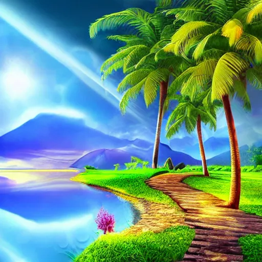 Prompt: muslim and paradise digital art beautiful landscape 4 k quality super realistic